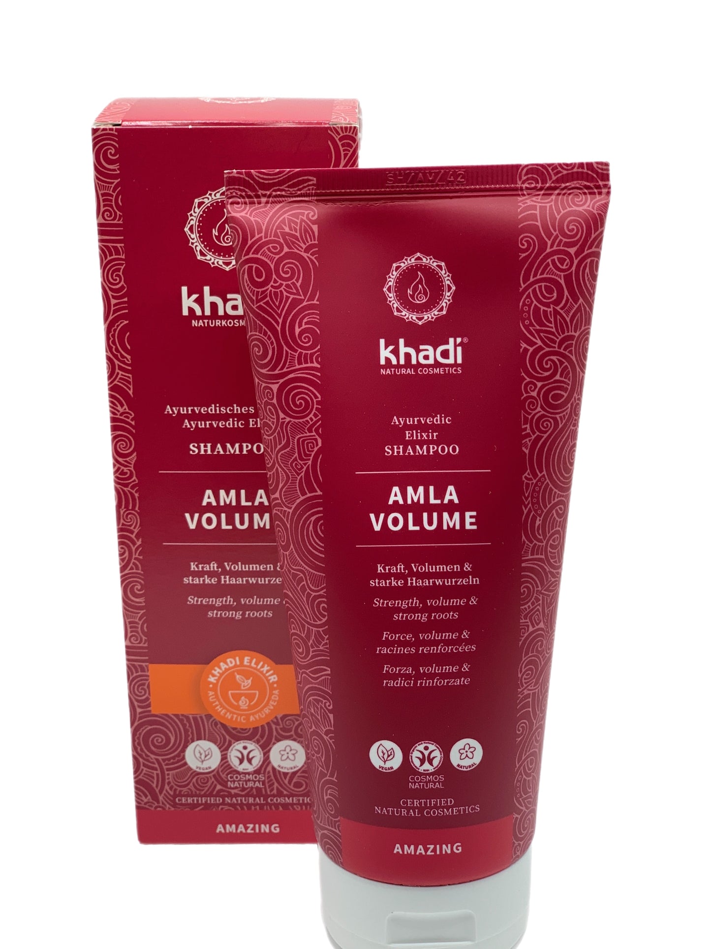 Champú Amla Volumen de Khadi, elixir ayurveda para aportar volumen, brillo y fuerza al cabello.