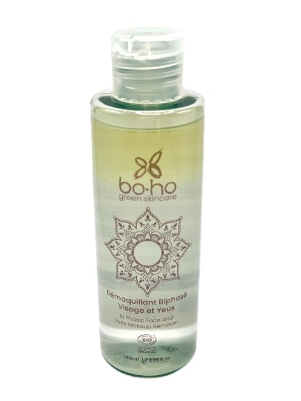 El desmaquillante bifásico certificado orgánico elimina el maquillaje de la cara y los ojos con eficacia y suavidad.