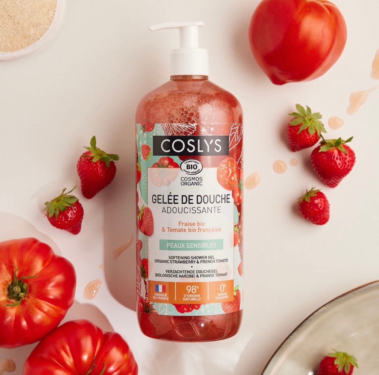 gel de ducha de fresa y tomate